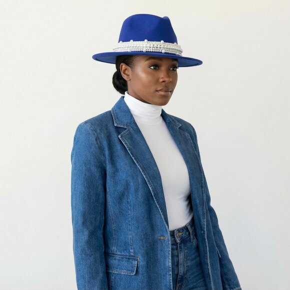 New Style Royal Blue Fashion Fedora Jazz Hat with Wide Pearl Belt main image 7
